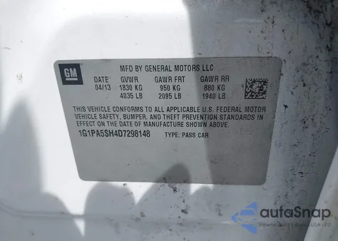 2013 Chevrolet Cruze Ls Auto из США, поврежденный, VIN 1G1PA5SH4D7298148